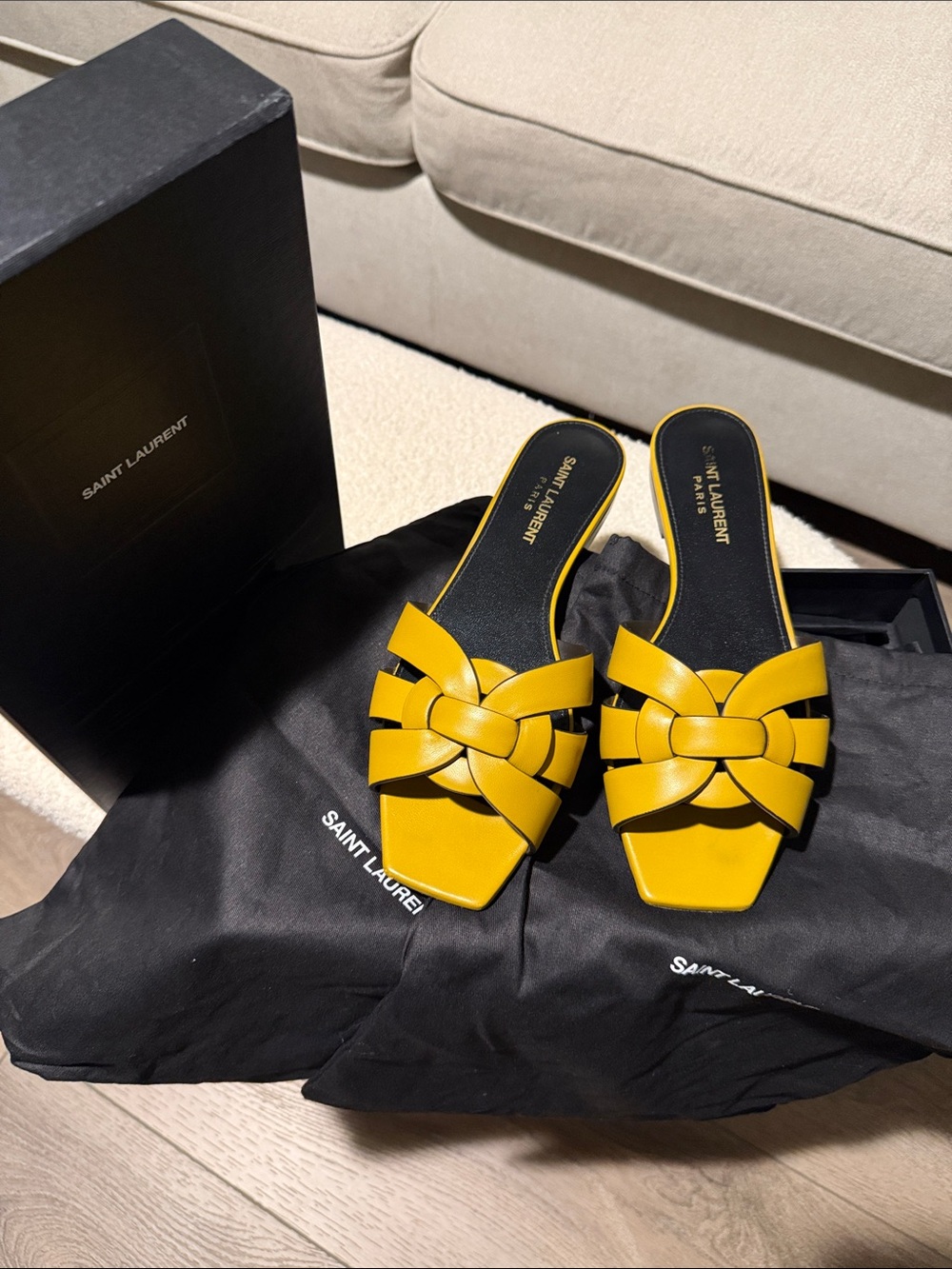 Saint Laurent Yellow Leather Knotted Slide Mules with Square Toe